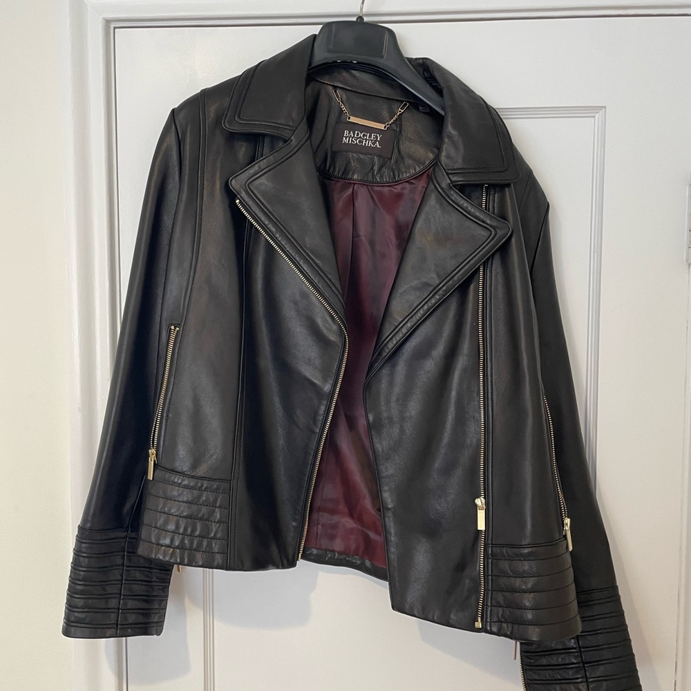 Badgley Mischka Black Leather Moto Jacket with Gold Accents - Picture 2 of 5